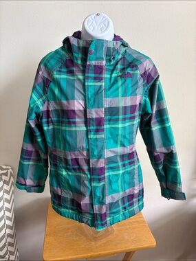 The North Face Girls' Teal, Purple & Gray Plaid Hooded Jacket Size Large